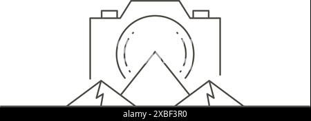 Monochrome énorme appareil photo avec illustration vectorielle de logo de voyage de paysage de montagne nature. Équipement de photographie de dessin au trait simple pour prendre la photo Illustration de Vecteur