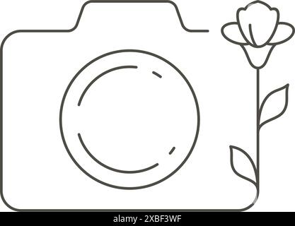 Appareil photo d'art de ligne avec simple plante de fleur de blog de beauté féminine illustration vectorielle de logo. Décor gracieux de dispositif électronique de photographe monochrome Illustration de Vecteur