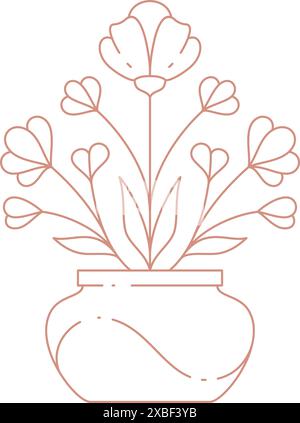 Bouquet naturel de buisson de fleurs poussant dans le pot décoratif par des éléments de conception illustration vectorielle d'icône simple. Plante en pot florale avec tige, bourgeon et pétale Illustration de Vecteur