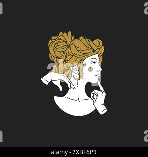Monument antique déesse grecque femme blonde avec coiffure bouclée touchant le visage par les mains contour de logo illustration vectorielle. Ancienne dame médiévale thinki Illustration de Vecteur