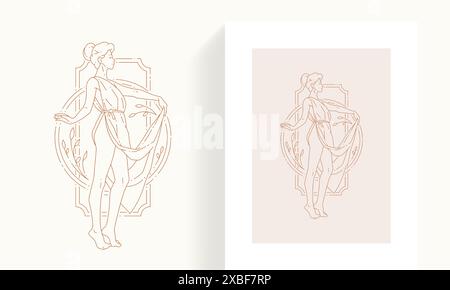 Line art femme déesse antique posant dans la robe grecque à abstrait botanique cadre minimaliste carte icône set illustration vectorielle. Beau corps féminin l Illustration de Vecteur