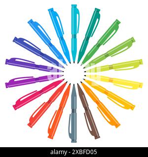 Ensemble de stylos multicolores placés dans un cercle. Illustration vectorielle. Illustration de Vecteur