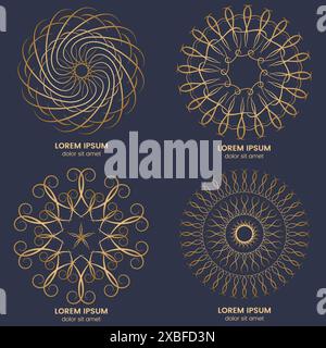 Ensemble de quatre éléments circulaires géométriques vintage. Monogramme d'or de vecteur sur fond bleu foncé. Illustration vectorielle Illustration de Vecteur