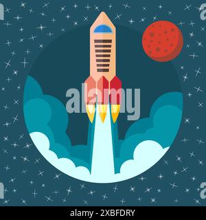 Vaisseau-fusée spatiale en pièce ronde. Lancement de fusée spatiale avec mars en arrière-plan. Concept de processus de démarrage et de développement du projet. La fusée vole U. Illustration de Vecteur