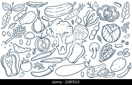 Ensemble d'illustration Doodle végétal noir et blanc. Ensembles dessinés à la main de légumes isolés sur fond blanc dans un style coloré. Illustration de Vecteur
