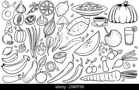 Ensemble d'illustration Doodle végétal noir et blanc. Ensembles dessinés à la main de légumes isolés sur fond blanc dans un style coloré. Illustration de Vecteur