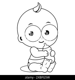 Bébé avec biberon de lait. Mignon petit enfant bébé enfant buvant du lait. Coloriage noir et blanc Banque D'Images