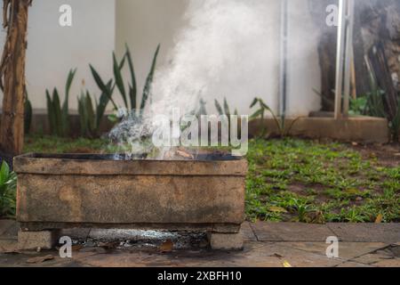 Combustion de piles de feuilles sèches dans la cour arrière, le concept de pollution de l'air et de contamination de l'environnement. Banque D'Images