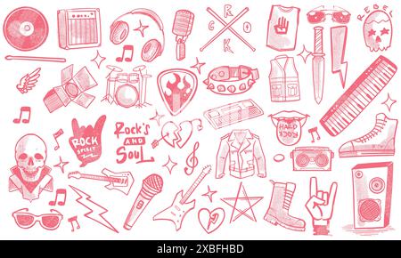 Ensemble dessiné à la main de style de couleur rose d'instruments de musique doodle de musique rock dans le style doodle isolé sur fond blanc. Illustration de Vecteur