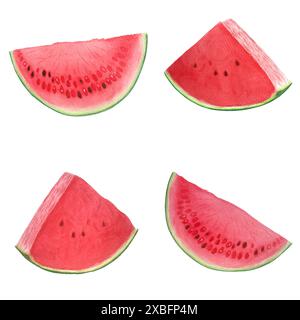 Tranches juteuses de pastèque avec un motif sans couture de quelques graines en aquarelle isolé sur fond blanc, dessiné à la main pour la conception alimentaire. Emballages, textiles Banque D'Images