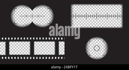 Caméra vidéo, jumelle et viseur à rouleau de caméra superposé. Caméra et modèle vectoriel de cadre binoculaire. Lignes noires sur fond transparent. Illustration de Vecteur
