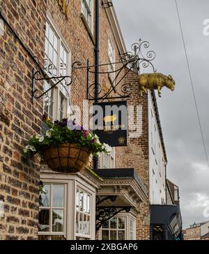 L'hôtel et restaurant Golden Fleece suspendu panneau de toison dorée au milieu du centre-ville de Thirsk, Yorkshire du Nord, Angleterre, Royaume-Uni. Banque D'Images