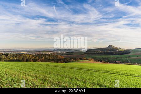 Paysage de Hegau dans le sud de l'Allemagne, à l'horizon les Alpes suisses avec Saentis et Churfirsten, Hegaublick, Bade-Wuertemberg, Allemagne Banque D'Images