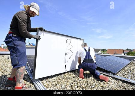 IMAGE THÉMATIQUE - projet 'image du futur' : illustration sur les thèmes 'système photovoltaïque / système PV / modules photovoltaïques / panneaux solaires / énergie solaire / énergie / électricité'. Sur la photo : la construction d'une installation photovoltaïque le lundi 06 mai 2024 à Purbach am Neusiedler See, Autriche. - 20240506 PD29522 Banque D'Images