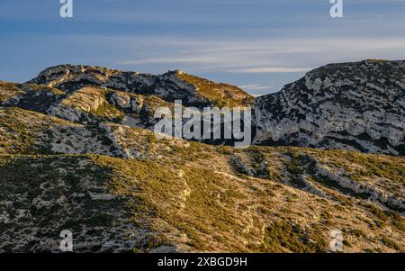 Parc éolien Baix Ebre et chaîne de montagnes Cardó - El Boix un matin d'hiver (Baix Ebre, Tarragone, Catalogne, Espagne) ESP : Parque eólico del Baix Ebre Banque D'Images