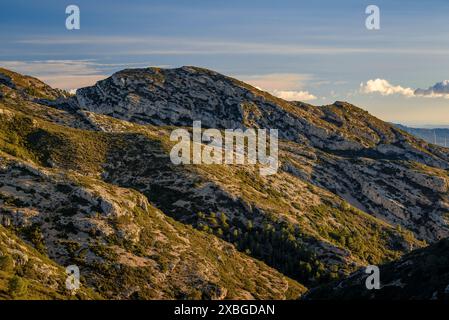 Parc éolien Baix Ebre et chaîne de montagnes Cardó - El Boix un matin d'hiver (Baix Ebre, Tarragone, Catalogne, Espagne) ESP : Parque eólico del Baix Ebre Banque D'Images