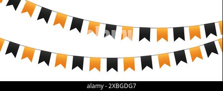 Drapeaux de fête d'Halloween, guirlande de drapeaux de guirlande, fanions orange et noirs suspendus à une corde. Illustration de Vecteur
