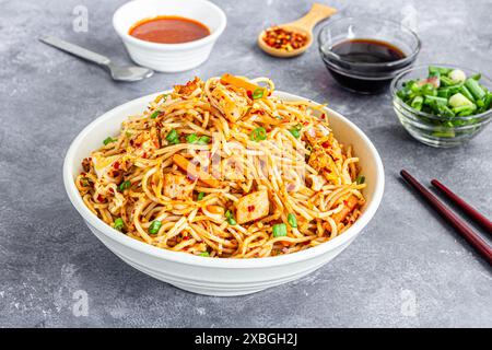 Poulet sauté et œuf Chow Mein avec condiments Banque D'Images