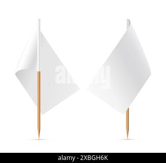 Drapeau blanc sur cure-dent en bois. Topper en papier rectangle pour gâteau ou autre aliment isolé sur fond blanc. Maquette vierge pour la publicité et Illustration de Vecteur