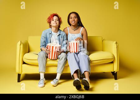 les amis se détendent sur un canapé confortable, chacun tenant un seau de pop-corn, profitant d'une soirée cinéma amusante ensemble dans un cadre de studio élégant. Banque D'Images