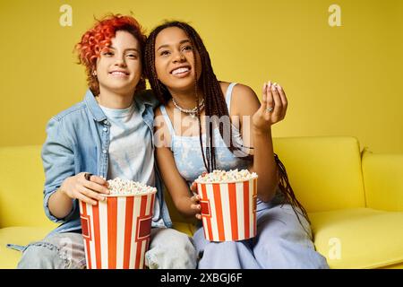 Deux jeunes gens dans une tenue élégante assis sur un canapé tenant des seaux de pop-corn, profitant d'une soirée cinéma ensemble. Banque D'Images