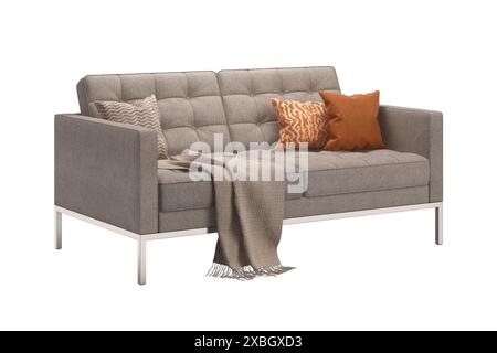 Rendu 3d de Florence Knoll décontracté canapé   tissu de coton, coussins et châle Banque D'Images