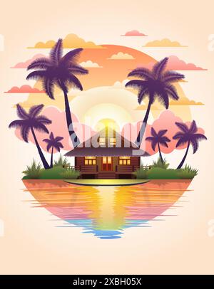 paysage marin tropical avec plage de sable vagues de mer ciel et nuages illustration vectorielle isolée sur fond Illustration de Vecteur