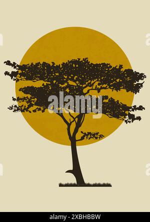 Savannah matin et illustration d'arbre dispersé. Paysage africain esthétique avec silhouette d'acacia. Vecteur 2d dessin animé Fond de campagne Illustration de Vecteur