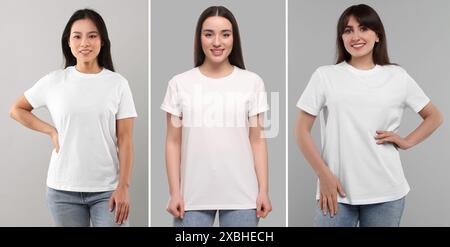 Femmes en t-shirts blancs sur fond gris. Collage de photos Banque D'Images