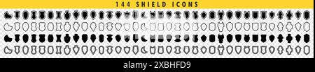 Bouclier icônes grand ensemble avec des contours et des signes linéaires. Collectez les signes ou symboles de sécurité et de protection. Collection d'icônes de boucliers différents. Vecteur illus Illustration de Vecteur