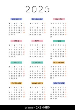 Calendrier vertical anglais 2025 année. La semaine calendaire de papeterie vectorielle commence lundi. Organisateur annuel. Modèle de calendrier simple dans un design minimal Illustration de Vecteur