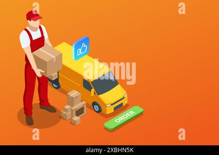 Logistique isométrique et livraison , livraison gratuite à domicile. Logistique urbaine. Camion, coursier, drone et livreur. Application d'achat en ligne pour smartphone Illustration de Vecteur