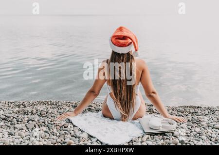 Une femme portant un chapeau de Père Noël rouge est assise sur une serviette de plage. Elle porte un bikini et a un ordinateur portable sur ses genoux Banque D'Images