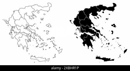 Les cartes administratives en noir et blanc de la Grèce Illustration de Vecteur