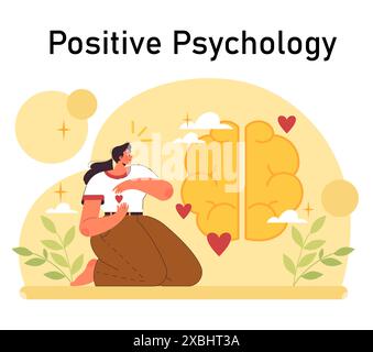 Psychologie positive. Pensée positive et attitude. État d'esprit optimiste, acceptation de soi et bien-être. Jeune femme travaillant sur sa santé mentale. Illustration vectorielle plate Illustration de Vecteur