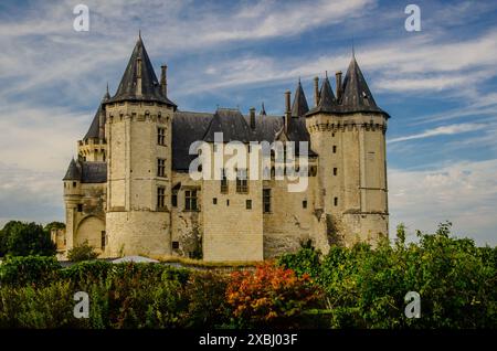 Saumur, France - panoramique du château de Saumur surplombant la Loire et la vallée. Des nuages orageux ont donné un joli look dramatique Banque D'Images