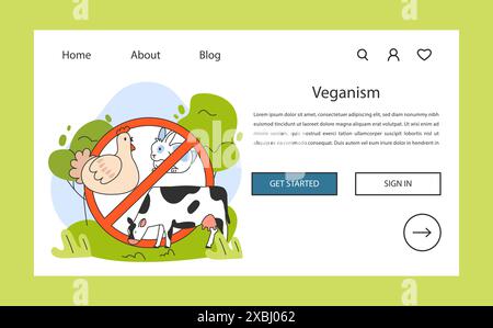 Bannière web ou page de destination World Vegan Day. Allez vegan. Animaux de ferme avec signe croisé. Régime sans viande à base de plantes sans cruauté avec nutrition et vitamines. Illustration vectorielle plate Illustration de Vecteur