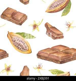 Modèle sans couture avec des fruits de cacao et illustration d'aquarelle de chocolat, croquis dessiné à la main de légumes, de feuilles, de fleurs. Dessin botanique de Banque D'Images