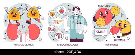 Organes du système endocrinien et ensemble pathologique. Le fonctionnement des glandes humaines. Hypophyse, surrénale et thyroïde. Sécrétion d'hormones humaines et. équilibre. Régulation du métabolisme. Illustration vectorielle plate Illustration de Vecteur