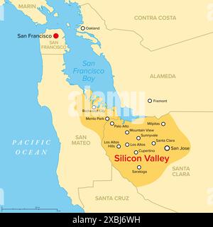 Silicon Valley, une région du nord de la Californie, carte politique. Centre mondial de haute technologie et d'innovation aux États-Unis. Banque D'Images