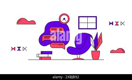 Concept d'organisation freelance. Lieu de travail à domicile. Avantages du travail à distance, limites et flux de travail. Scène de l'organisation du travail et flux de travail à domicile impro Illustration de Vecteur