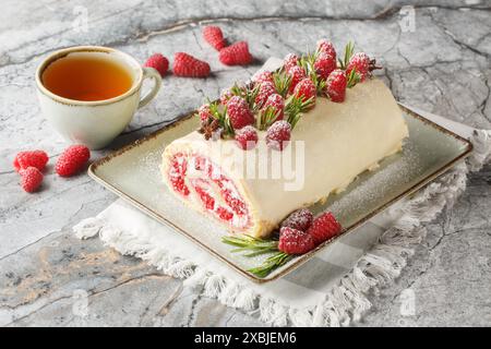 Gâteau rouleau éponge aux baies avec confiture, framboises fraîches, fromage à la crème recouvert de chocolat blanc gros plan dans une assiette sur la table. Horizontal Banque D'Images