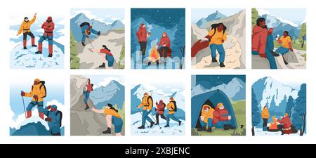 Ensemble d'alpinisme. Alpinistes avec des sacs à dos pendant l'aventure nature. Les gens grimpent un mur de roche, assis près d'un feu de camp et la randonnée dans les collines. Illustration vectorielle plate Illustration de Vecteur