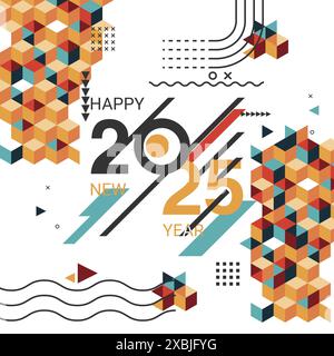 Bonne année 2025 bannière avec fond abstrait géométrique moderne dans un style rétro. Bonne année conception de carte de voeux pour l'année 2021 calligraphie inc Illustration de Vecteur