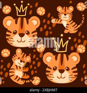 Modèle sans couture petit petit petit tigre mignon avec illustration vectorielle de conception d'animaux de dessin animé roi de couronne dorée sur fond brun. Illustration de Vecteur
