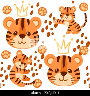 Modèle sans couture petit petit petit tigre mignon avec illustration vectorielle de conception d'animaux de dessin animé roi de couronne dorée sur fond blanc. Illustration de Vecteur