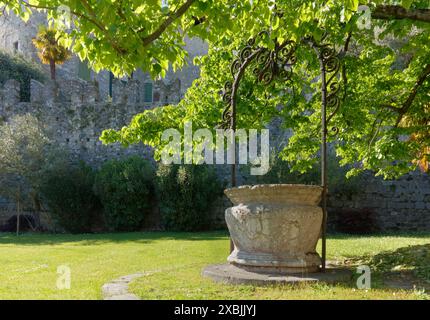 FAGAGNA, Italie - 29 avril 2024 : puits de pierre historique à l'extérieur du château de Villalta à l'ombre d'un grand tilleul Banque D'Images