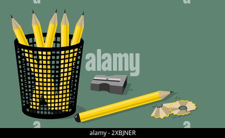 Crayons jaunes fraîchement aiguisés dans un porte-crayon à mailles noires, copeaux de crayon et un taille-crayon sur fond vert. Concept prêt à démarrer Illustration de Vecteur