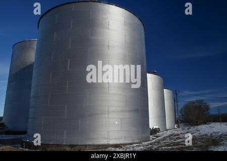 Deux grands silos se dressent au milieu d'un champ enneigé dans une ferme de l'Indiana, créant un contraste saisissant avec le paysage hivernal. Banque D'Images