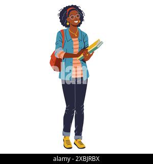 Une jeune étudiante afro-américaine attrayante avec des cheveux bouclés et des lunettes se tient debout avec des livres dans ses mains. Elle sourit et regarde th Illustration de Vecteur